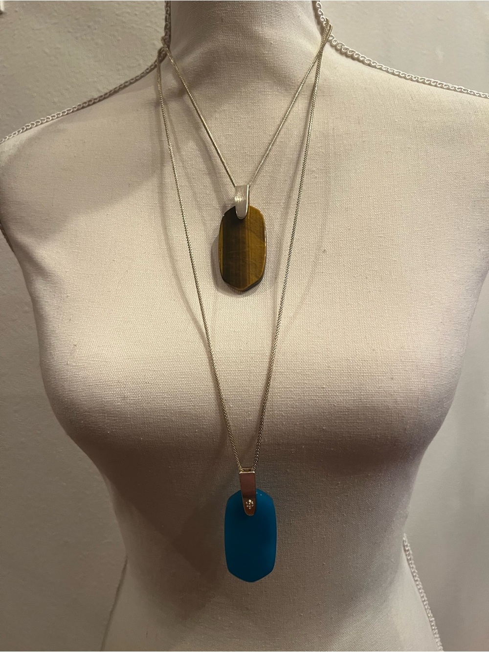 Kendra Scott Layered Necklace with Brown Tiger's Eye and Blue Pendant